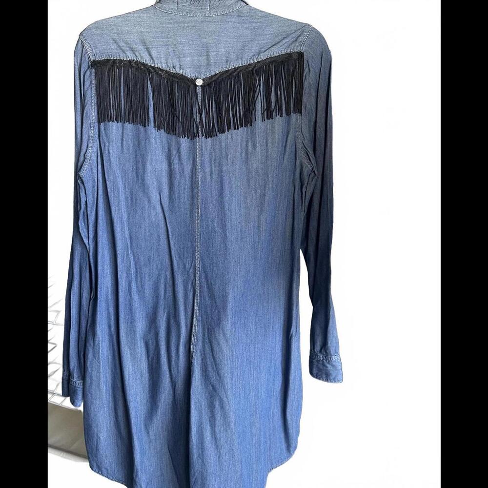 Long Sleeve Denim Shirt dress with Fringe by Yaya Club